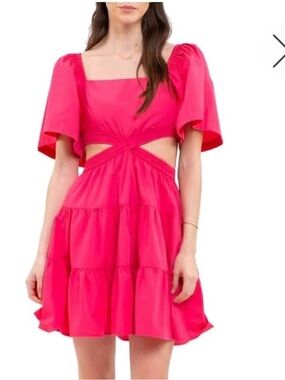 Blu Pepper Hot Pink Puff-Sleeve Tiered Cutout Dress/NWT